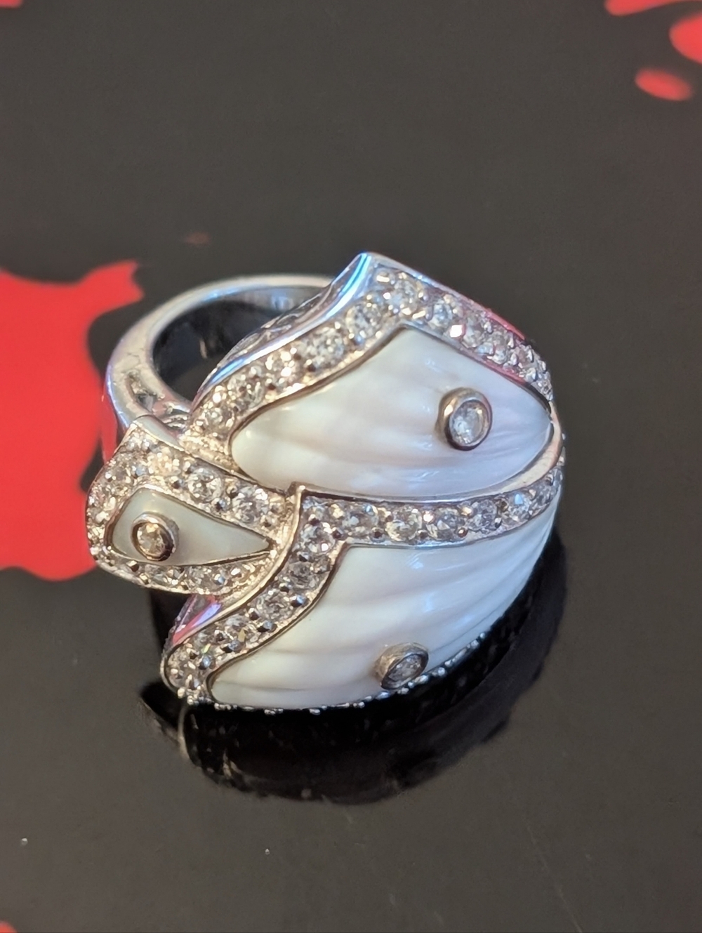 Elegant White Mother-of-Pearl and Crystal Dome Ring by